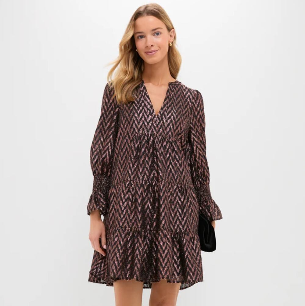 TUCKERNUCK x POMANDER PLACE Kenzo Dress Metallic Ikat Copper Black Sz L NWT {W6}